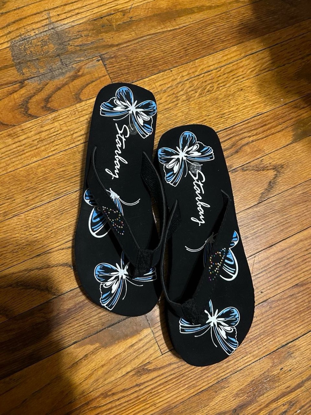 Starlay Black Floral Flip-Flop Sandals with Blue Accents